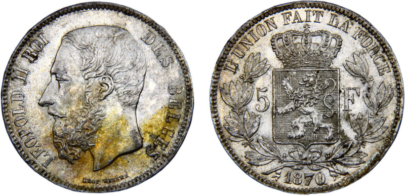 Belgium Kingdom Leopold II 5 Francs 1870 Brussels mint small head Silver UNC 25g...