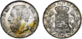 Belgium Kingdom Leopold II 5 Francs 1870 Brussels mint small head Silver UNC 25g KM# 24