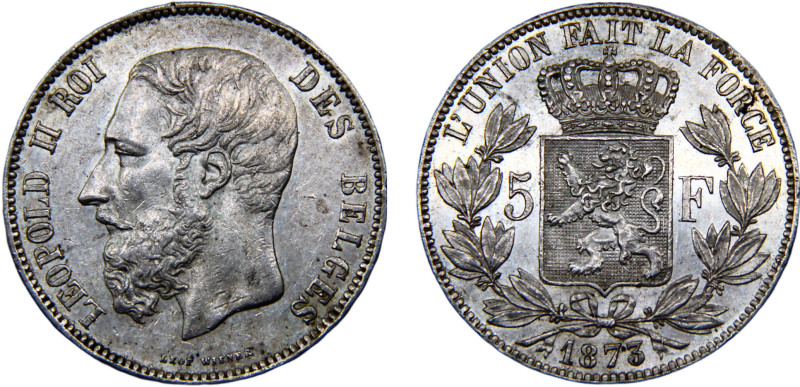 Belgium Kingdom Leopold II 5 Francs 1873 Brussels mint small head Silver AU 25g ...