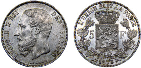 Belgium Kingdom Leopold II 5 Francs 1873 Brussels mint small head Silver AU 25g KM# 24