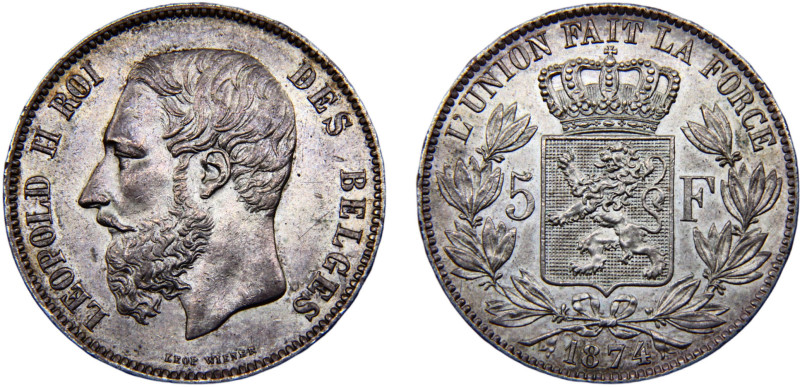 Belgium Kingdom Leopold II 5 Francs 1874 Brussels mint small head Silver UNC 25g...