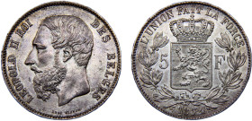 Belgium Kingdom Leopold II 5 Francs 1874 Brussels mint small head Silver UNC 25g KM# 24