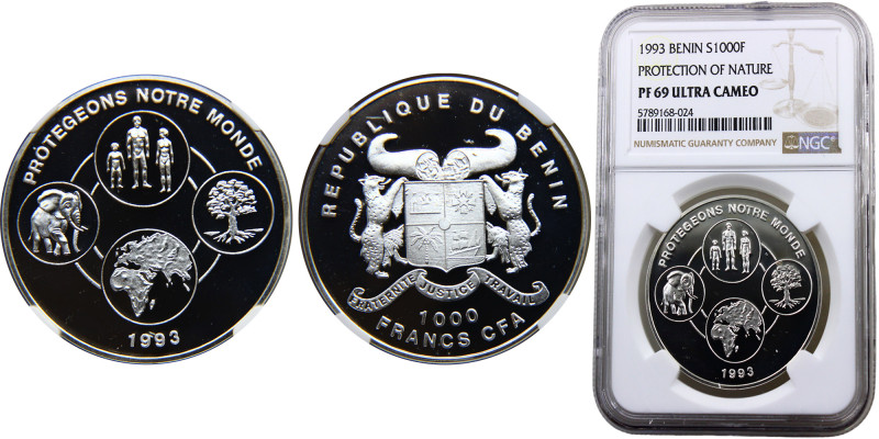 Benin Republic 1000 Francs CFA 1993 Top Pop, Protection of Nature Silver NGC PF6...