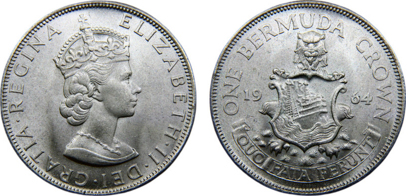 Bermuda British colony Elizabeth II 1 Crown 1964 Royal mint Silver UNC 22.5g KM#...
