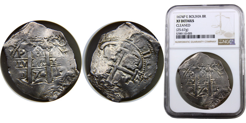 Bolivia Spanish colony Carlos II 8 Reales 1674 P E Potosi mint Silver NGC XF KM#...