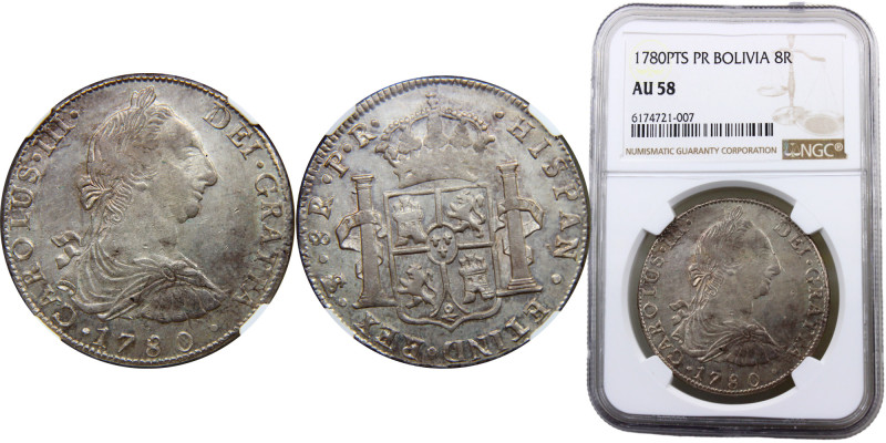 Bolivia Spanish colony Carlos III 8 Reales 1780 PTS PR Potosi mint Silver NGC AU...