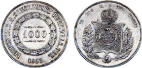 Brazil Empire Pedro II 1000 Reis 1853 Silver UNC 12.8g KM# 465