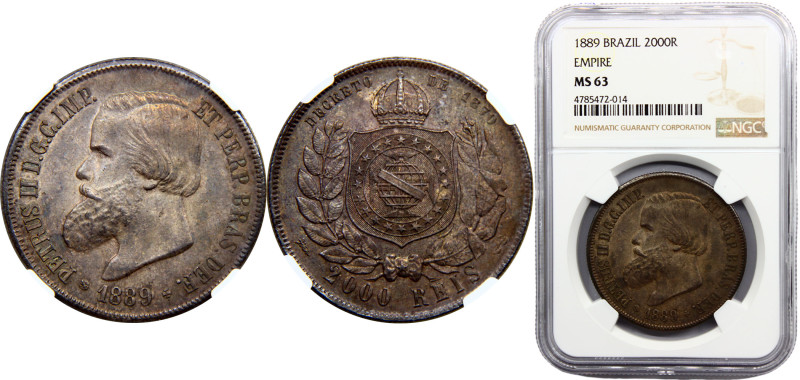 Brazil Empire Pedro II 2000 Reis 1889 Silver NGC MS63 KM# 485