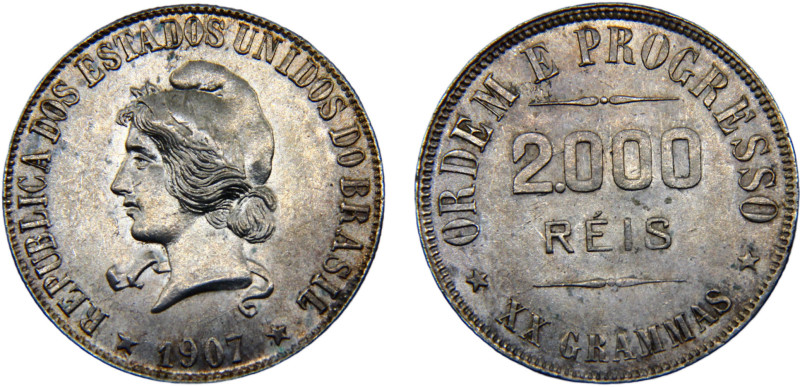 Brazil Republic of the United States 2000 Reis 1907 Rio de Janeiro mint Silver A...