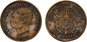 Cambodia Kingdom Norodom I 10 Centimes 1860 Bronze XF 10g KM# 43