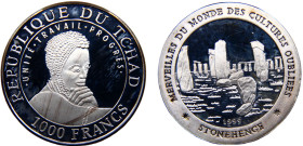 Chad Republic 1000 Francs 1999 (Mintage 2950) Forgotten Cultures, Stonehenge Silver PF 15.1g Schön# 16