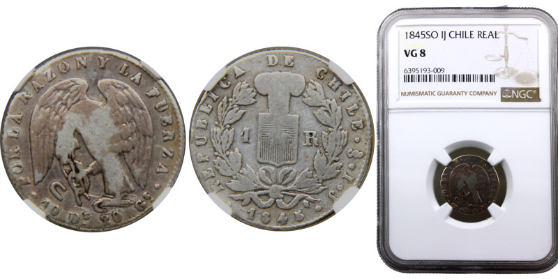 Chile Republic 1 Real 1845 So IJ Santiago mint small type Silver NGC VG8 KM# 94....