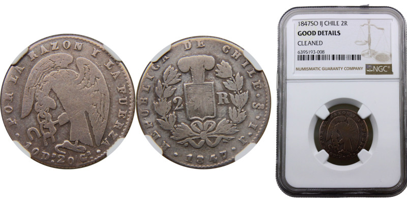 Chile Republic 2 Reales 1847 So IJ Santiago mint small type Silver NGC G KM# 100...