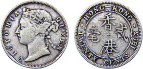 China British colony Hong Kong Victoria 20 Cents 1893 Royal mint Silver VF 5.4g KM# 7