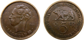 Congo Belgian colony Leopold III 5 Francs 1937 Nickel brass XF 13.2g KM# 24