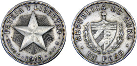 Cuba First Republic 1 Peso 1915 Philadelphia mint Silver XF 26.6g KM#15.1