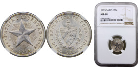 Cuba First Republic 10 Centavos 1915 Philadelphia mint Silver NGC MS64 KM# A12