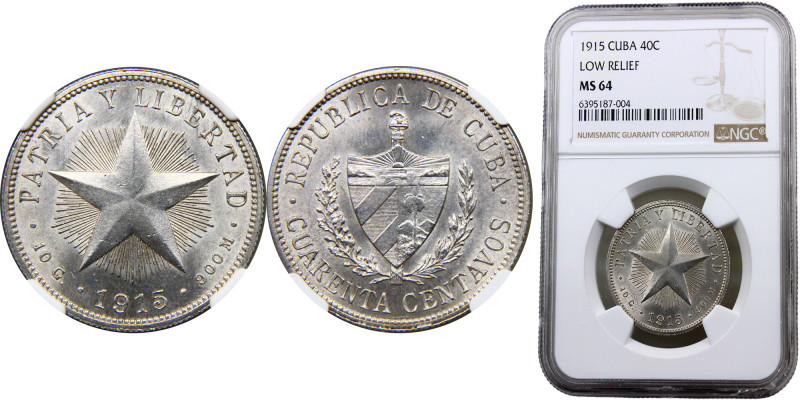 Cuba First Republic 40 Centavos 1915 Philadelphia mint Low Relief Silver NGC MS6...