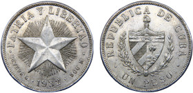 Cuba First Republic 1 Peso 1932 Philadelphia mint Silver AU 26.8g KM#15.2