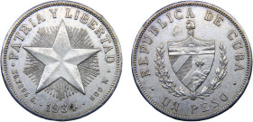 Cuba First Republic 1 Peso 1934 Philadelphia mint Silver AU 26.7g KM# 15.2