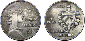 Cuba First Republic 1 Peso 1939 Philadelphia mint "ABC Peso" Silver XF 26.7g KM# 22