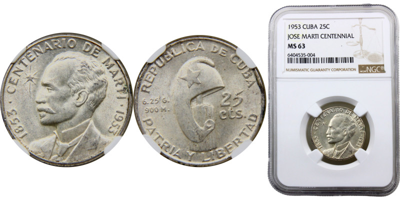 Cuba First Republic 25 Centavos 1953 Philadelphia mint 100th Anniversary of José...
