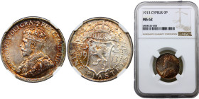 Cyprus British colony George V 9 Piastres 1913 Royal mint(Mintage 50000) Silver NGC MS62 KM# 13