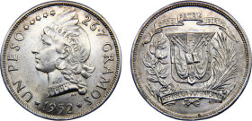 Dominican Republic Third Republic 1 Peso 1952 Philadelphia mint(Mintage 20000) Silver UNC 26.8g KM# 22