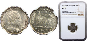 Ethiopia Empire Menelik II 1 Ghersh EE1895 (1903) A Paris mint Silver NGC MS63 KM# 12