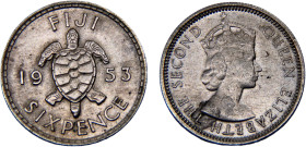 Fiji British administration Elizabeth II 6 Pence 1953 Royal mint Silver XF 2.8g KM# 19