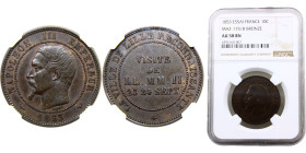 France Second Empire Napoleon III 10 Centimes 1853 (Mintage 1000) Essai, Module de 10 Centimes, Monnaie de Visite Bronze NGC AU58 X# M24