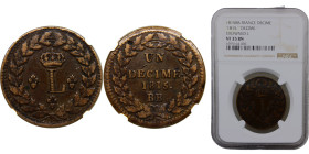 France Kingdom Louis XVIII 1 Décime 1815 BB Strasbourg mint Crowned L Bronze NGC VF35 KM# 701