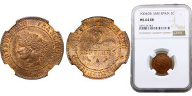 France Third Republic 2 Centimes 1892 A Paris mint NGC Error annotations, "Ceres" Bronze NGC MS64 KM#827.1