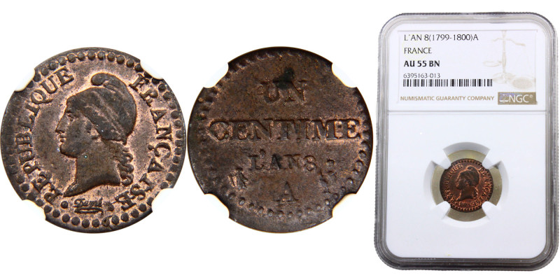 France First Republic 1 Centime AN8 (1799) A Paris mint Copper NGC AU55 KM# 646...