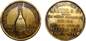 France Third Republic Medal 1878 Pairs mint Manual & Co champagne, the only brand that won the gold medal in 1878, 35mm Copper-zinc XF 23.2g