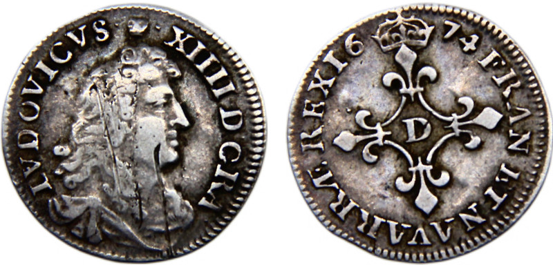 France Kingdom Louis XIV 1/15 Ecu 1674 D Lyon mint Scratches Silver VF 1.6g KM#2...