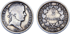 France First Empire Napoleon I 2 Francs 1808 A Pairs mint Silver Fine 9.6g KM#684.1