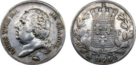 France Kingdom Louis XVIII 5 Francs 1824 B Rouen mint bare head Silver XF 25g KM# 711.2