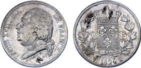 France Kingdom Louis XVIII 2 Francs 1824 W Lille mint Silver VF 10g KM# 710.12