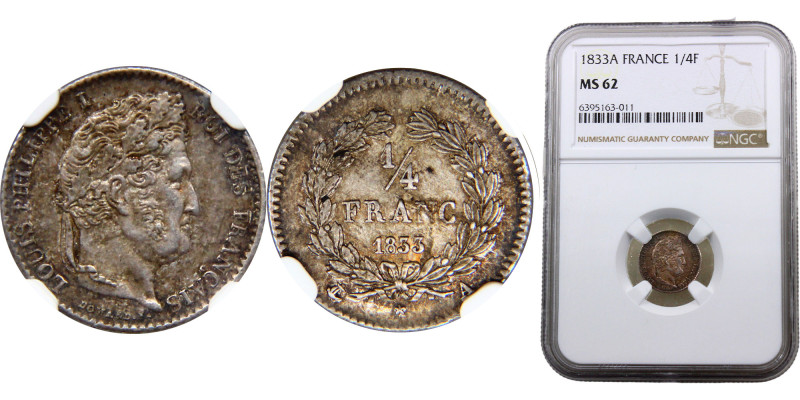 France Kingdom Louis Philippe I 1/4 Franc 1833 A Paris mint Silver NGC MS62 KM# ...