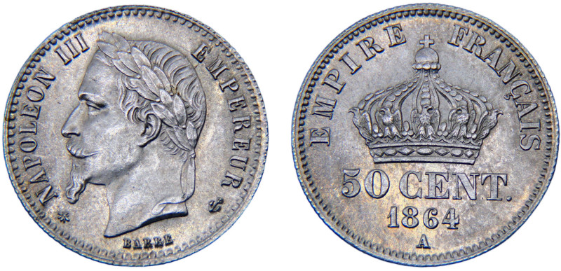 France Second Empire Napoleon III 50 Centimes 1864 A Pairs mint Silver UNC 2.5g ...