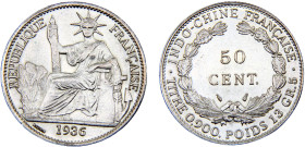 French Indochina French colony 50 Centimes 1936 Pairs mint Third Republic Silver UNC 13.5g KM#4a.2