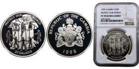 Gambia Republic 20 Dalasis 1995 Top Pop, 50th Anniversary of the United Nations Silver NGC PF70 KM# 37a