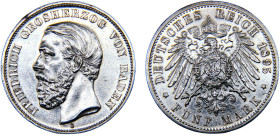Germany Second Empire Grand duchy of Baden Friedrich I 5 Mark 1895 G Karlsruhe mint Silver AU 27.8g KM# 268