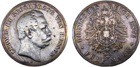 Germany Second Empire Grand duchy of Hessen-Darmstadt Ludwig III 5 Mark 1876 H Darmstadt mint Silver VF 27.5g KM# 353