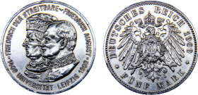 Germany Second Empire Kingdom of Saxony Friedrich August III 5 Mark 1909 (Mintage 50000) 500th Anniversary of Leipzig University Silver AU 27.8g KM# 1...