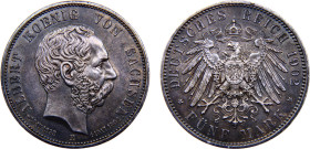 Germany Second Empire Kingdom of Saxony Albert 5 Mark 1902 E Muldenhütten mint Death of Albert Silver UNC 27.7g KM# 1256