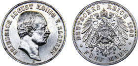 Germany Second Empire Kingdom of Saxony Friedrich August III 5 Mark 1908 E Muldenhütten mint Silver XF 27.8g KM# 1266