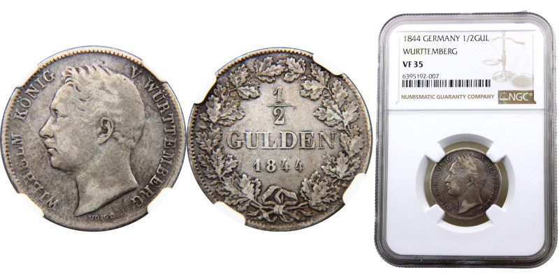 Germany States Kingdom of Württemberg Wilhelm I 1/2 Gulden 1844 Silver NGC VF35 ...