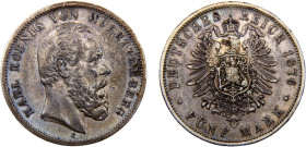 Germany Second Empire Kingdom of Württemberg Karl I 5 Mark 1876 F Stuttgart mint Silver XF 27.6g KM# 623